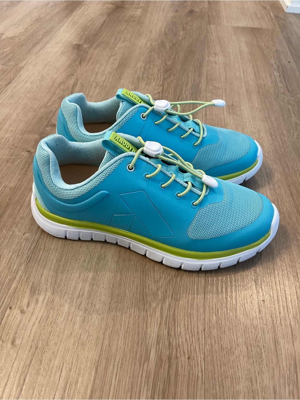 Light Blue Women’s Lace-Free Athletic Sneakers with Lime Accents